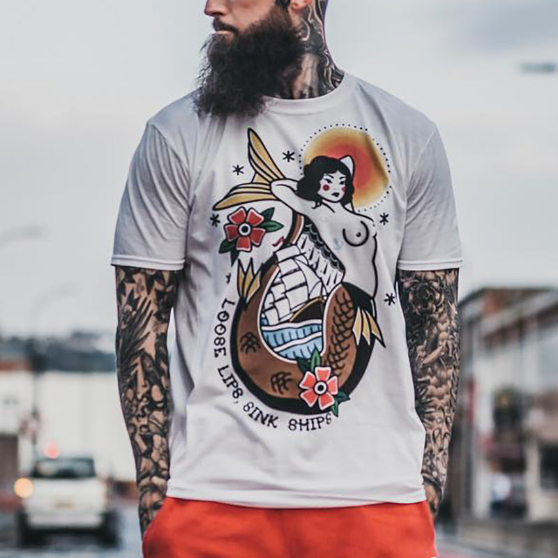 Vintage mermaid sailboat print t-shirt