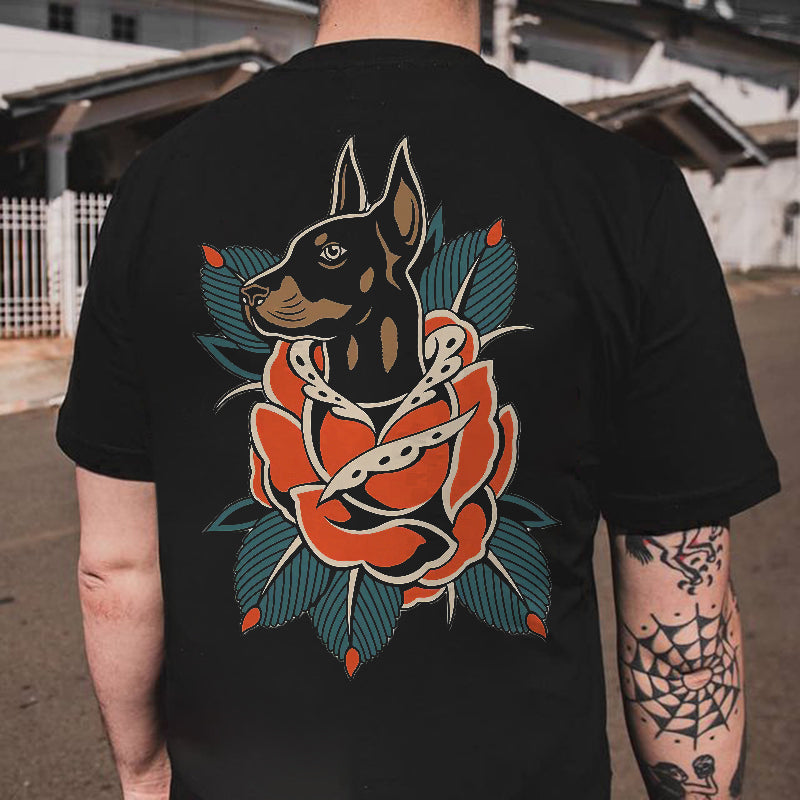 Doberman Red Rose Print Men's T-shirt