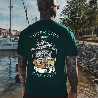 LOOSE LIPS SINK SHIPS Skulls Ship in the Water Graphic White Print T-shirt