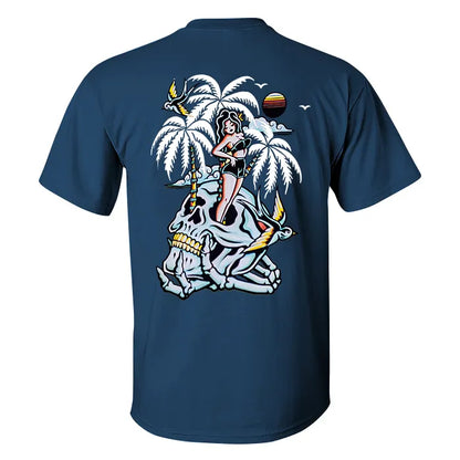 Skull Coconut Tree Printed Casual Men's T-shirt
