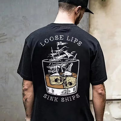 LOOSE LIPS SINK SHIPS Skulls Ship in the Water Graphic White Print T-shirt