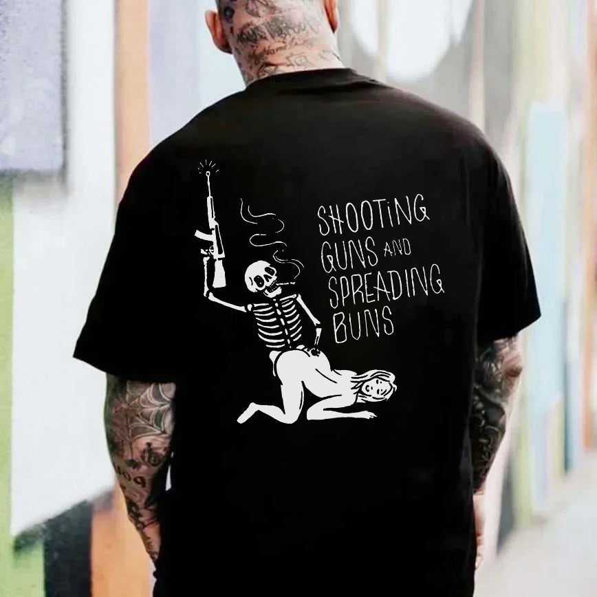 Shooting Guns And Spreading Buns Skull Printed Casual Men's T-shirt