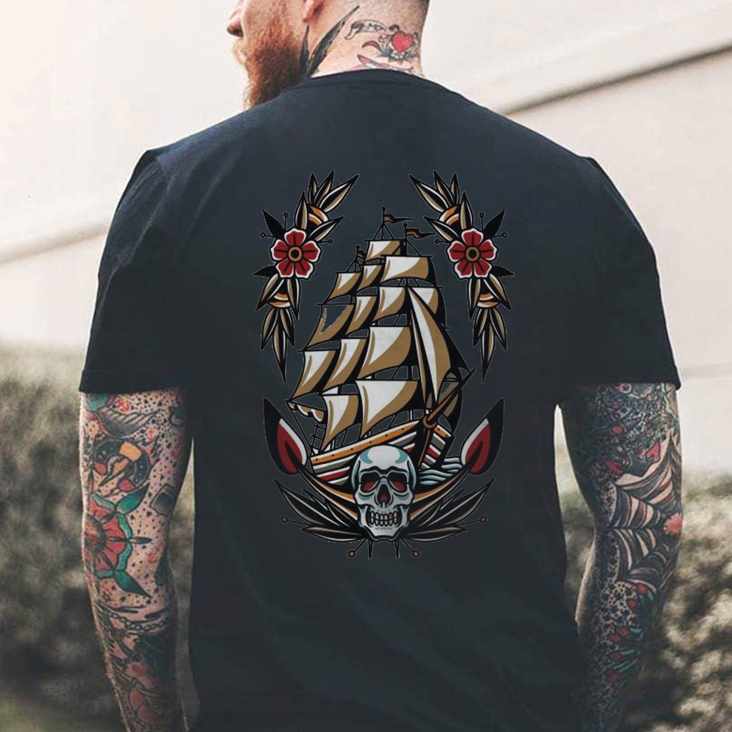 Skull Ship Print Men's T-shirt