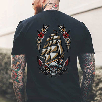 Skull Ship Print Men's T-shirt