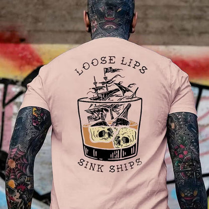 LOOSE LIPS SINK SHIPS Skulls Ship in the Water Graphic White Print T-shirt