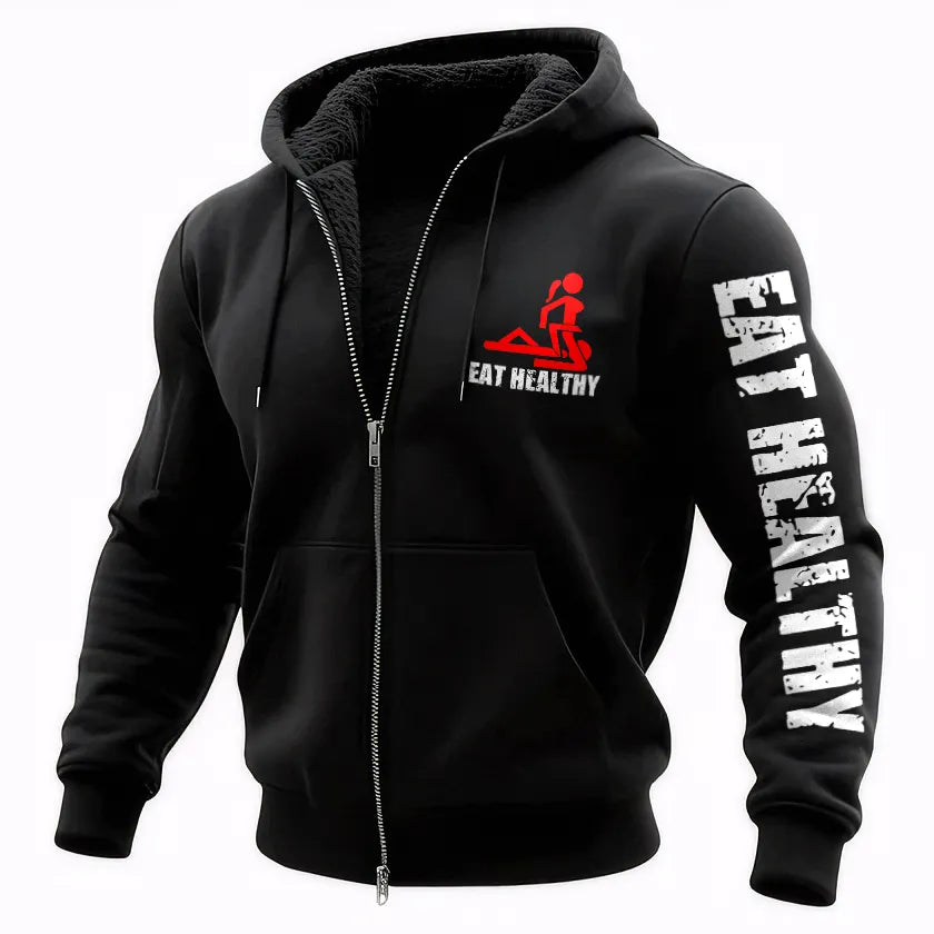 Eat Healthy Printed Zippered Hooded Fleece Cardigan