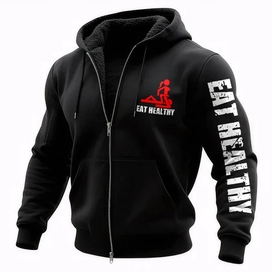 Eat Healthy Printed Zippered Hooded Fleece Cardigan