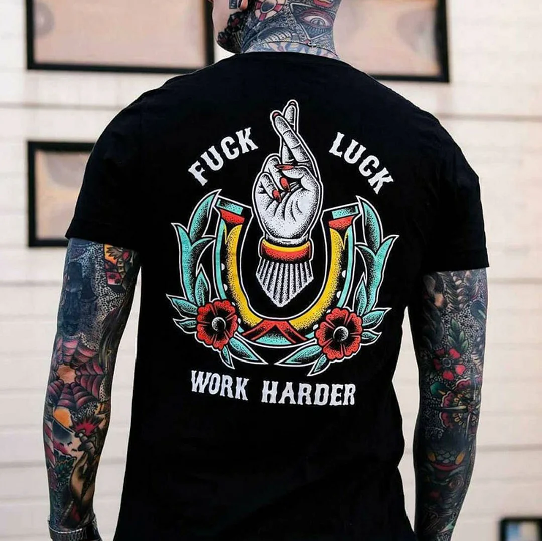 FUCK LUCK WORK HARDER Hand Flowers Black Print T-shirt