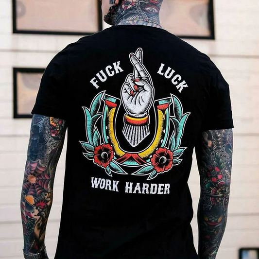 FUCK LUCK WORK HARDER Hand Flowers Black Print T-shirt