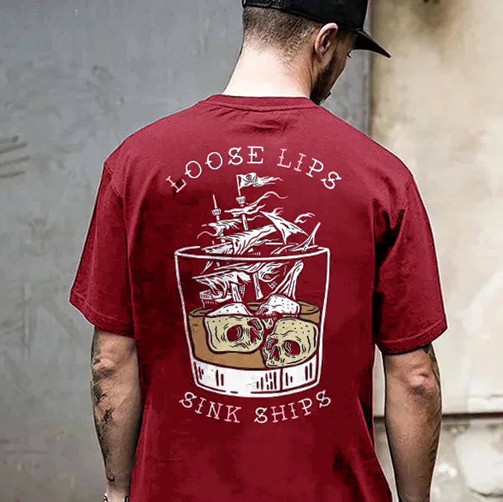 LOOSE LIPS SINK SHIPS Skulls Ship in the Water Graphic White Print T-shirt