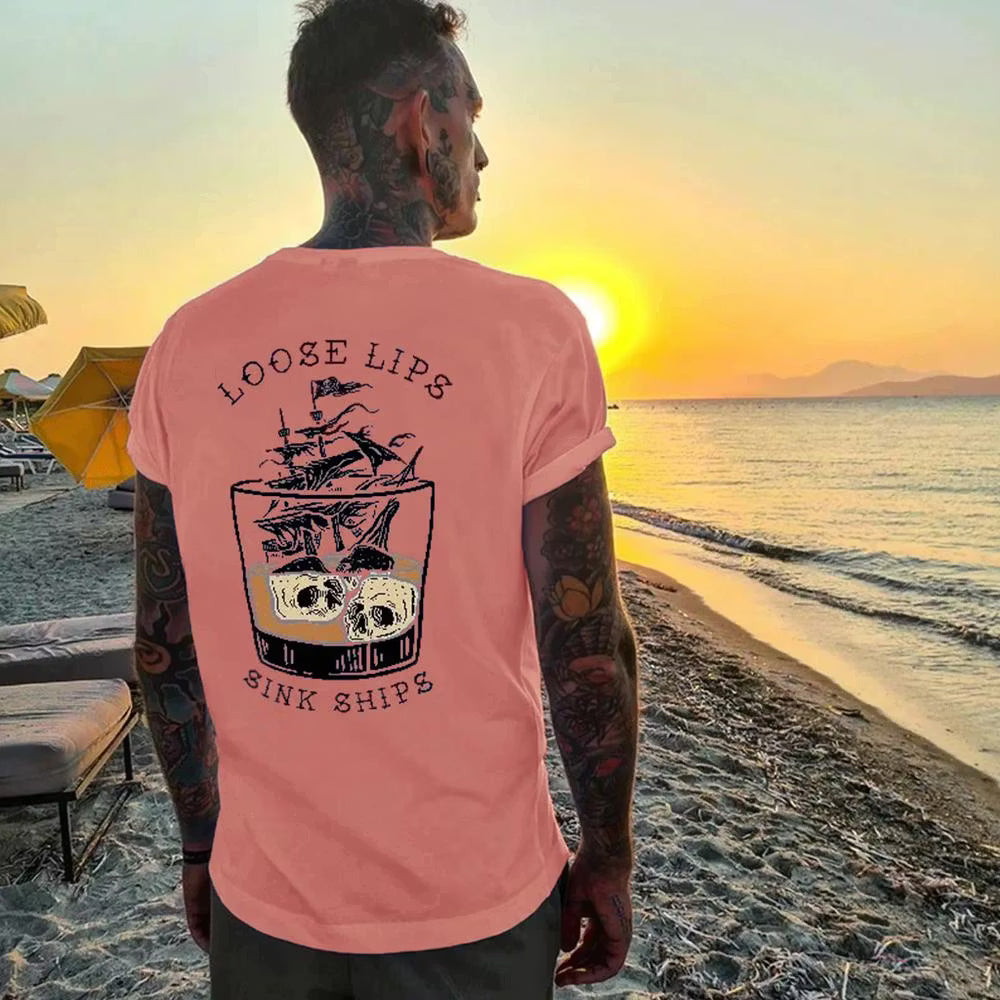 LOOSE LIPS SINK SHIPS Skulls Ship in the Water Graphic White Print T-shirt