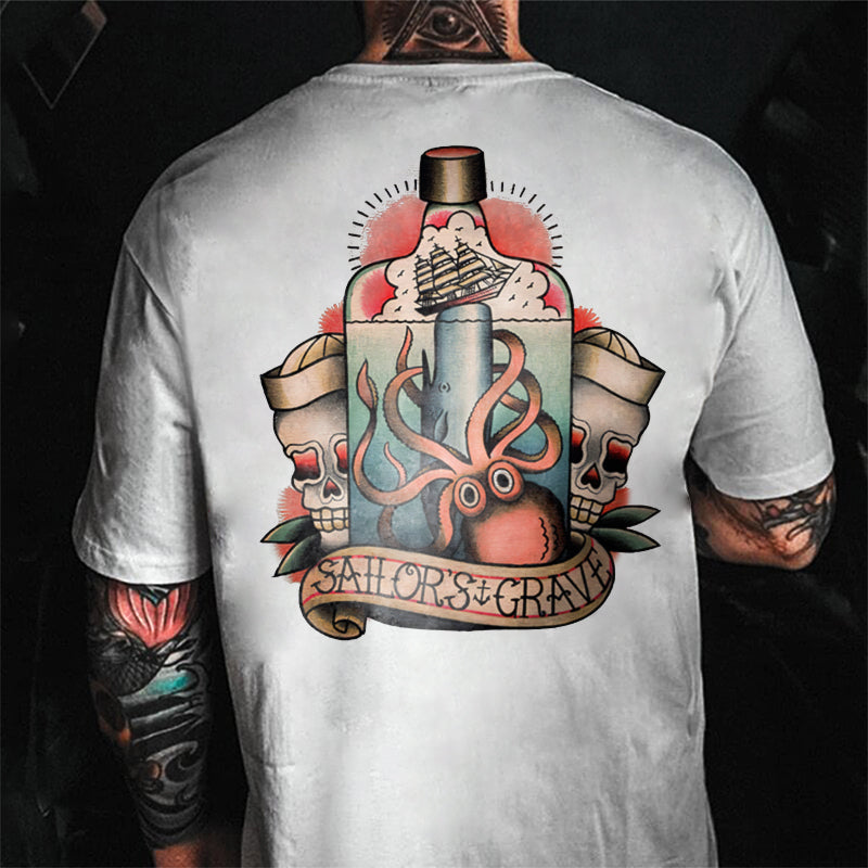 Octopus Skull Lettering Retro Print T-shirt