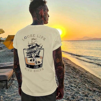 LOOSE LIPS SINK SHIPS Skulls Ship in the Water Graphic White Print T-shirt