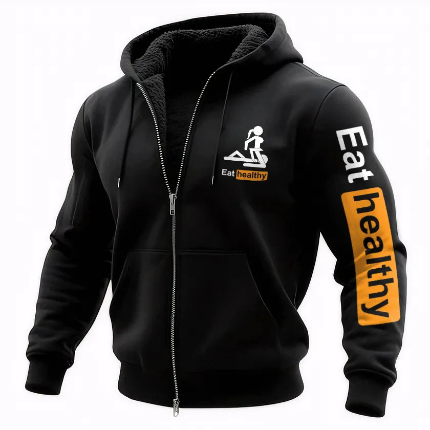 Eat Healthy Printed Zippered Hooded Fleece Cardigan