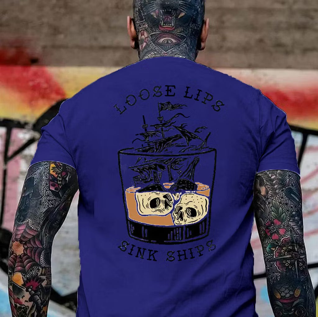 LOOSE LIPS SINK SHIPS Skulls Ship in the Water Graphic White Print T-shirt