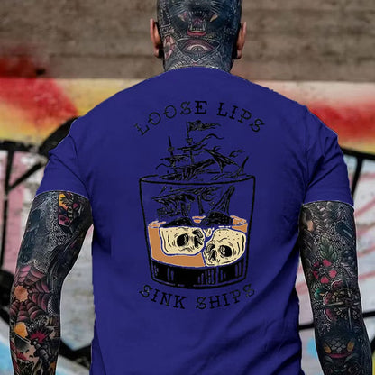 LOOSE LIPS SINK SHIPS Skulls Ship in the Water Graphic White Print T-shirt
