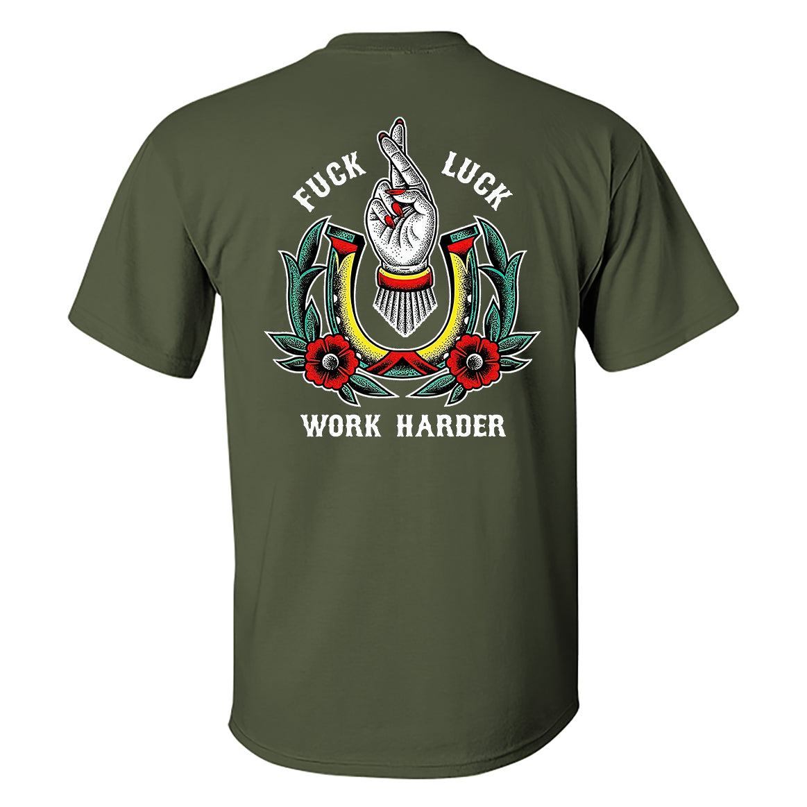 FUCK LUCK WORK HARDER Hand Flowers Black Print T-shirt
