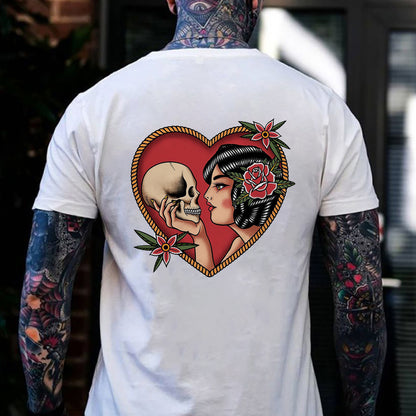Retro Brunette Woman And Skull Print T-shirt