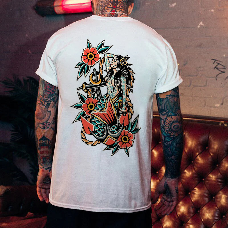 Anchor And Mermaid Printed Men's T-shirt