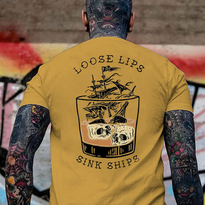 LOOSE LIPS SINK SHIPS Skulls Ship in the Water Graphic White Print T-shirt