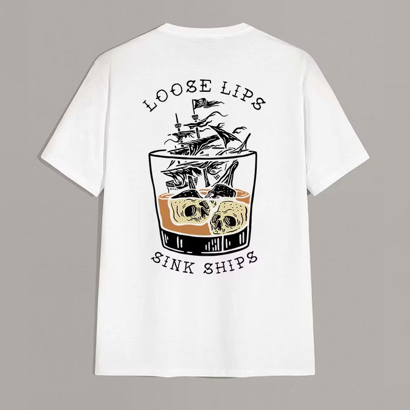LOOSE LIPS SINK SHIPS Skulls Ship in the Water Graphic White Print T-shirt