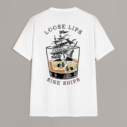 LOOSE LIPS SINK SHIPS Skulls Ship in the Water Graphic White Print T-shirt
