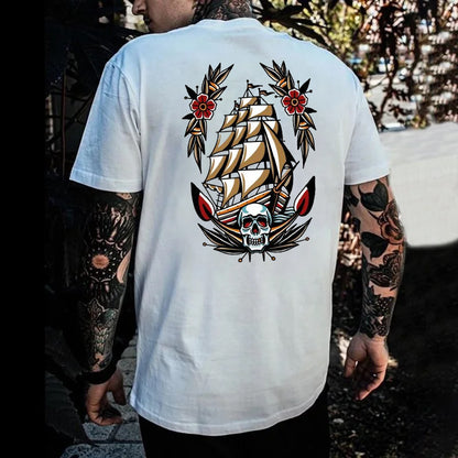 Skull Ship Print Men's T-shirt