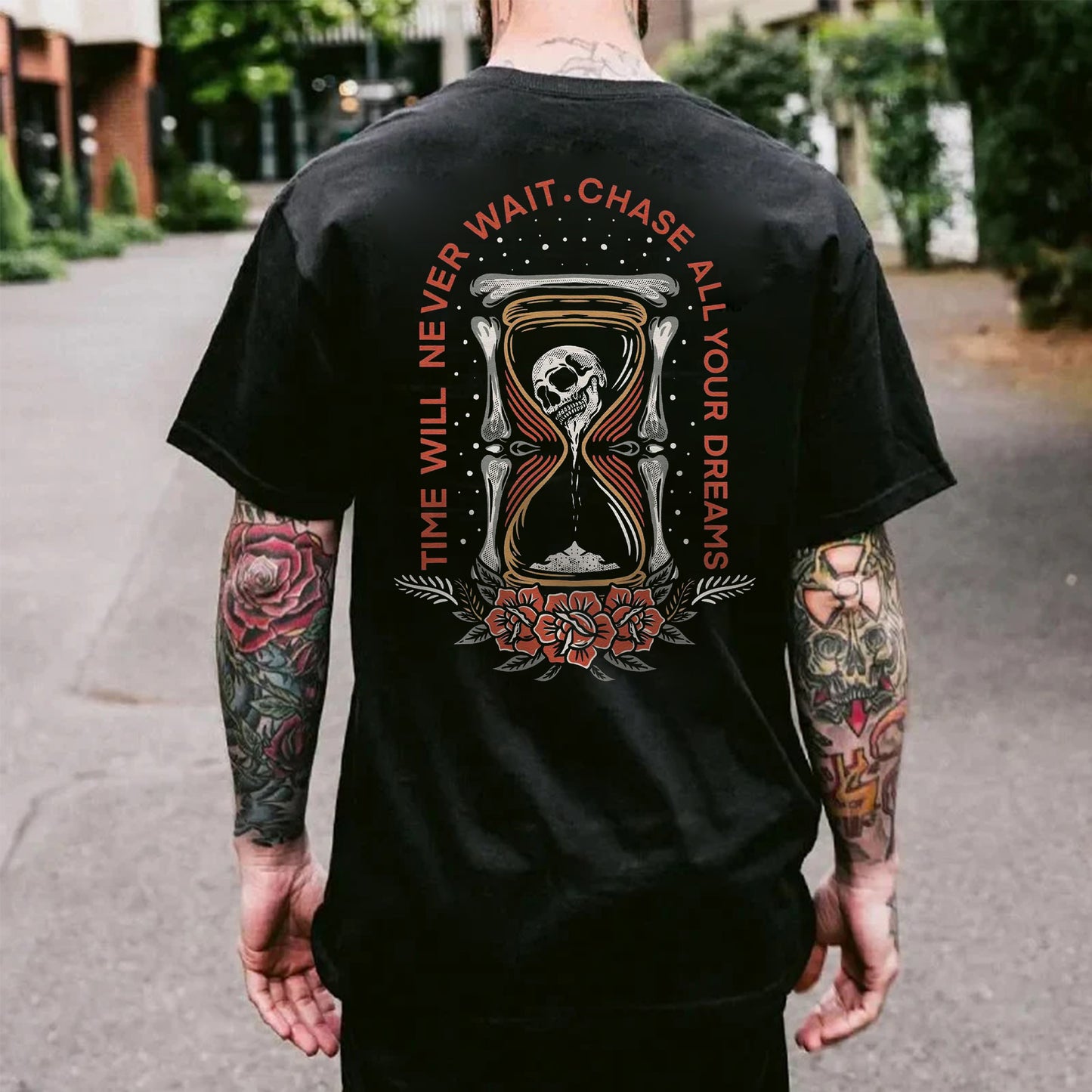 Time Will Never Wait Chase All Your Dreams Skull Printed Men's T-shirt