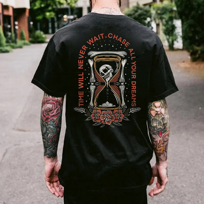 Time Will Never Wait Chase All Your Dreams Skull Printed Men's T-shirt