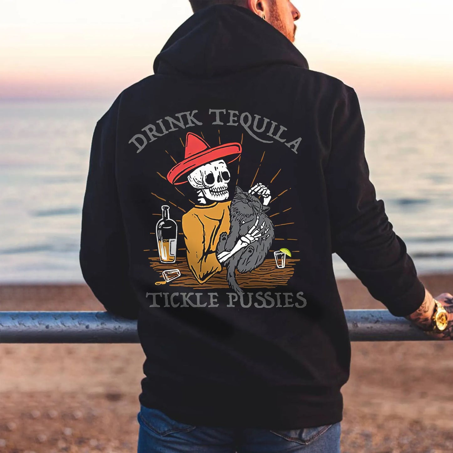 Drink Tequila Tickle Pussies Printed Men's Loose Hoodie