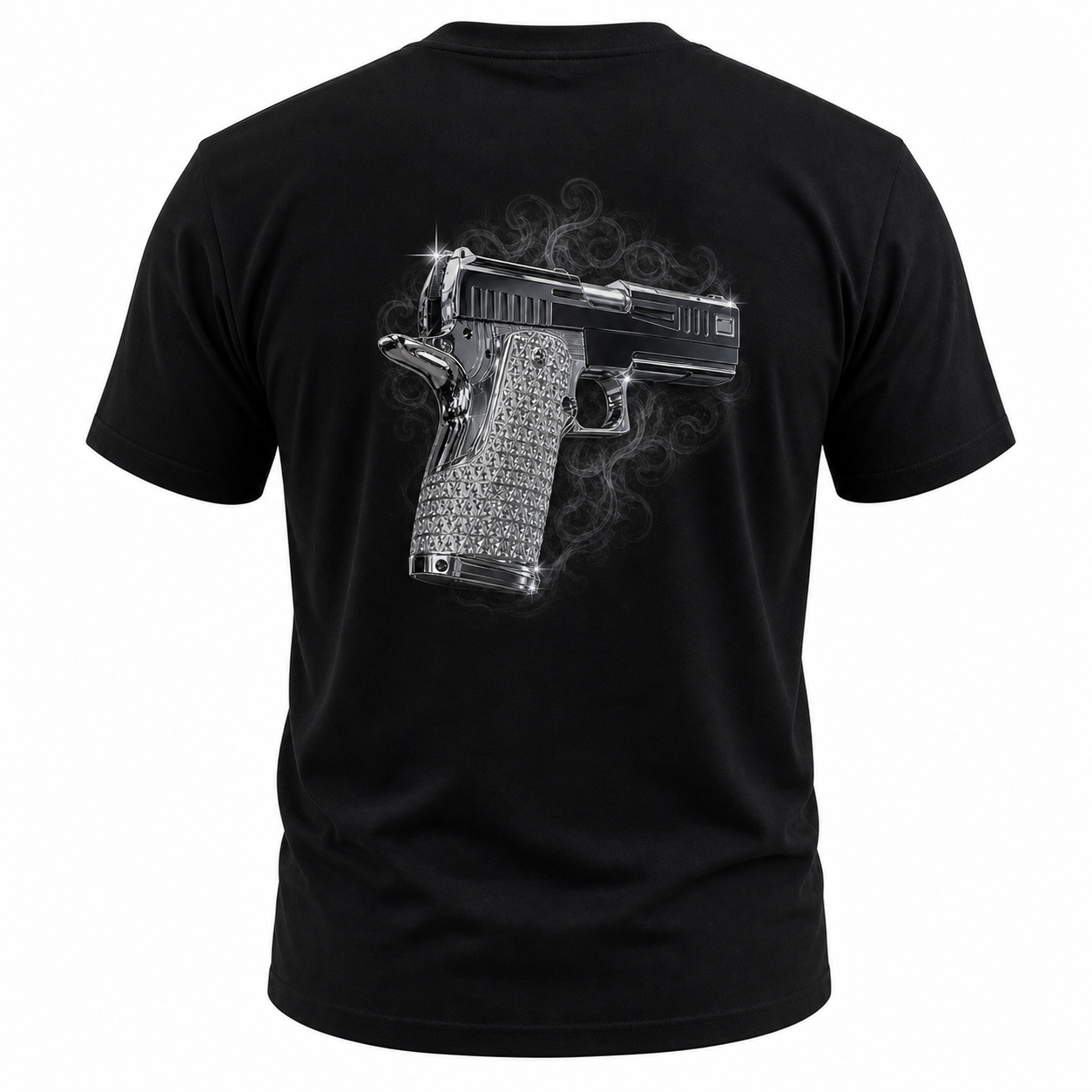 Chrome Handgun Graphic Back Print T-Shirt