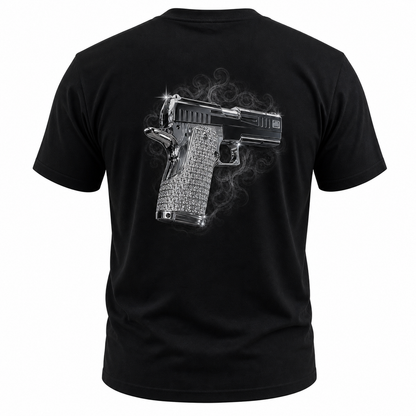 Chrome Handgun Graphic Back Print T-Shirt