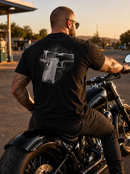 Chrome Handgun Graphic Back Print T-Shirt