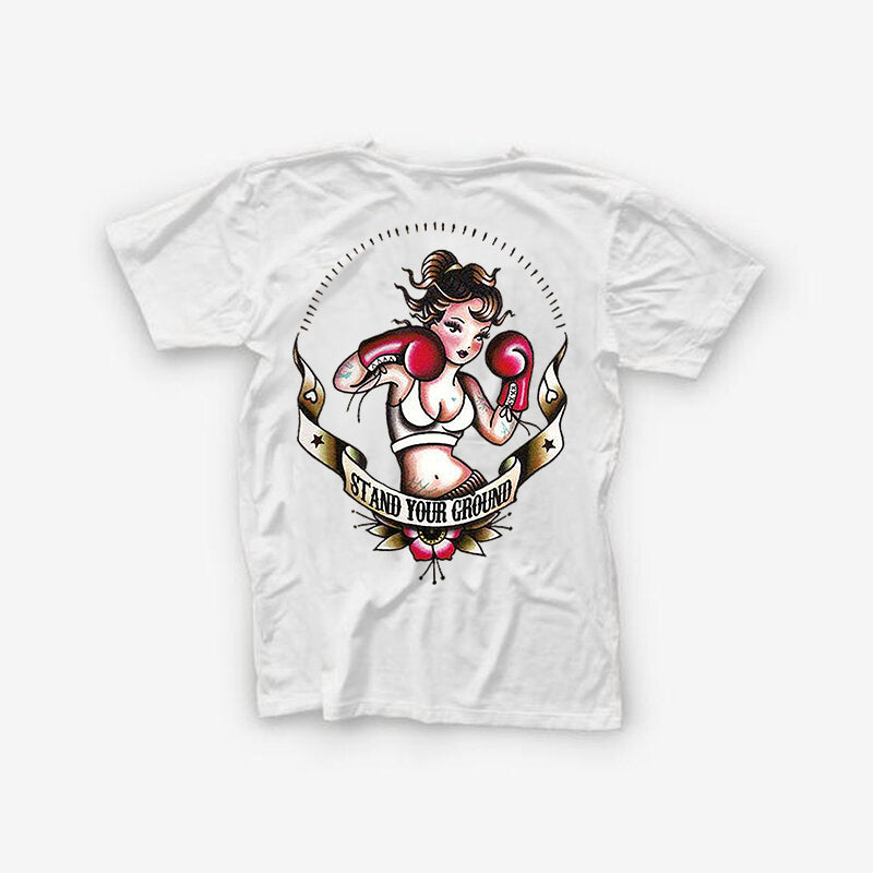 Stand Your Ground Boxing Girl Print Basic White T-shirt