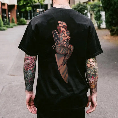 Vintage Tattooed Sexy Lady Printed Men's T-shirt