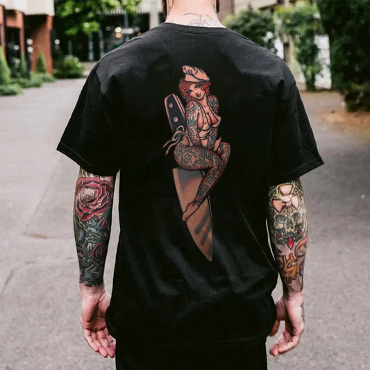 Vintage Tattooed Sexy Lady Printed Men's T-shirt