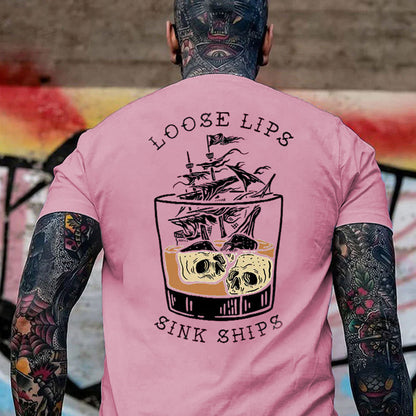 LOOSE LIPS SINK SHIPS Skulls Ship in the Water Graphic White Print T-shirt