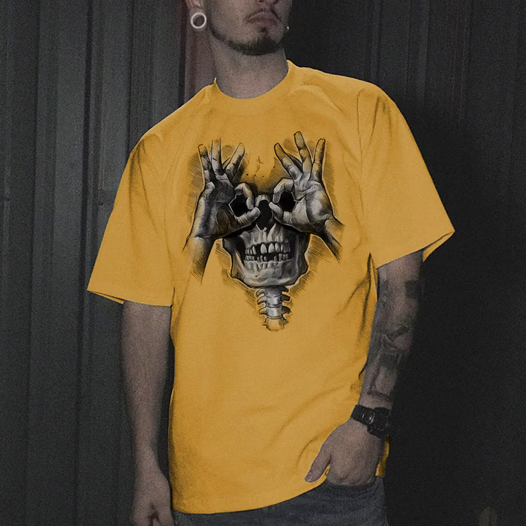 Skull with OK Pattern Graphic Casual Black Print T-shirt