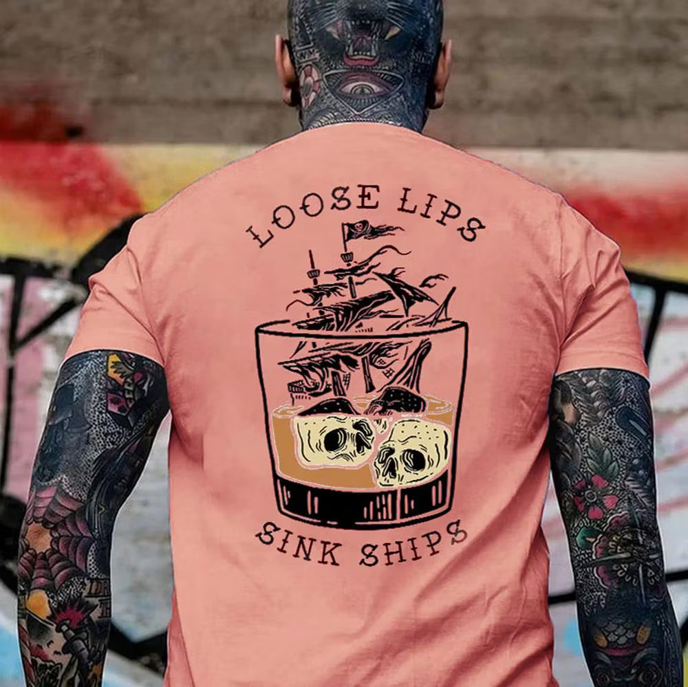 LOOSE LIPS SINK SHIPS Skulls Ship in the Water Graphic White Print T-shirt